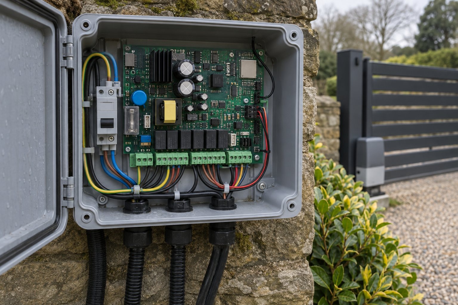 A gate control board and wiring sit inside an open enclosure.