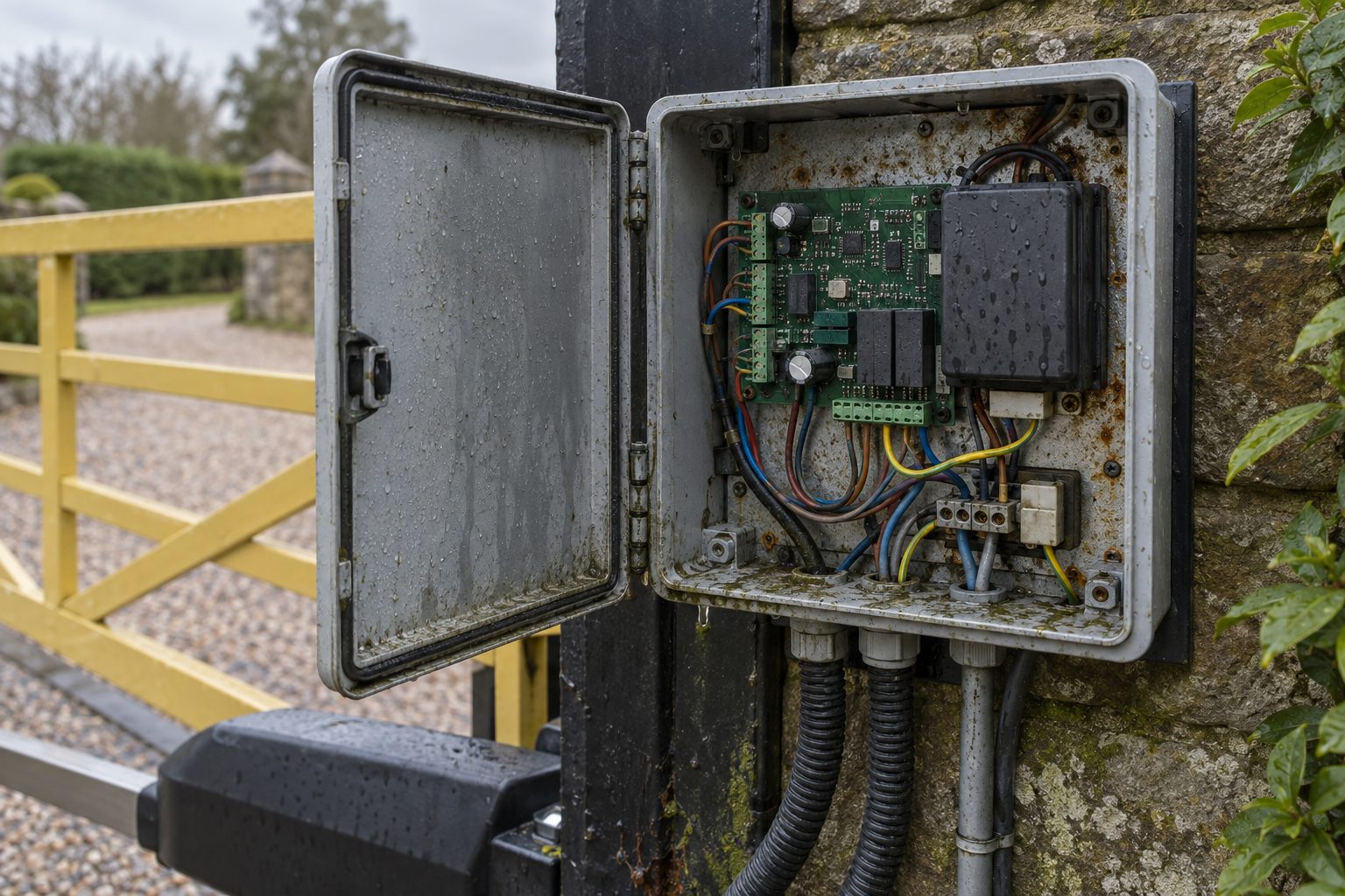 Water staining is visible inside an open gate control enclosure.