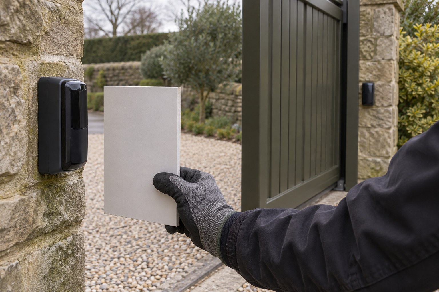 A gloved engineer holds a test piece in front of a gate photocell.