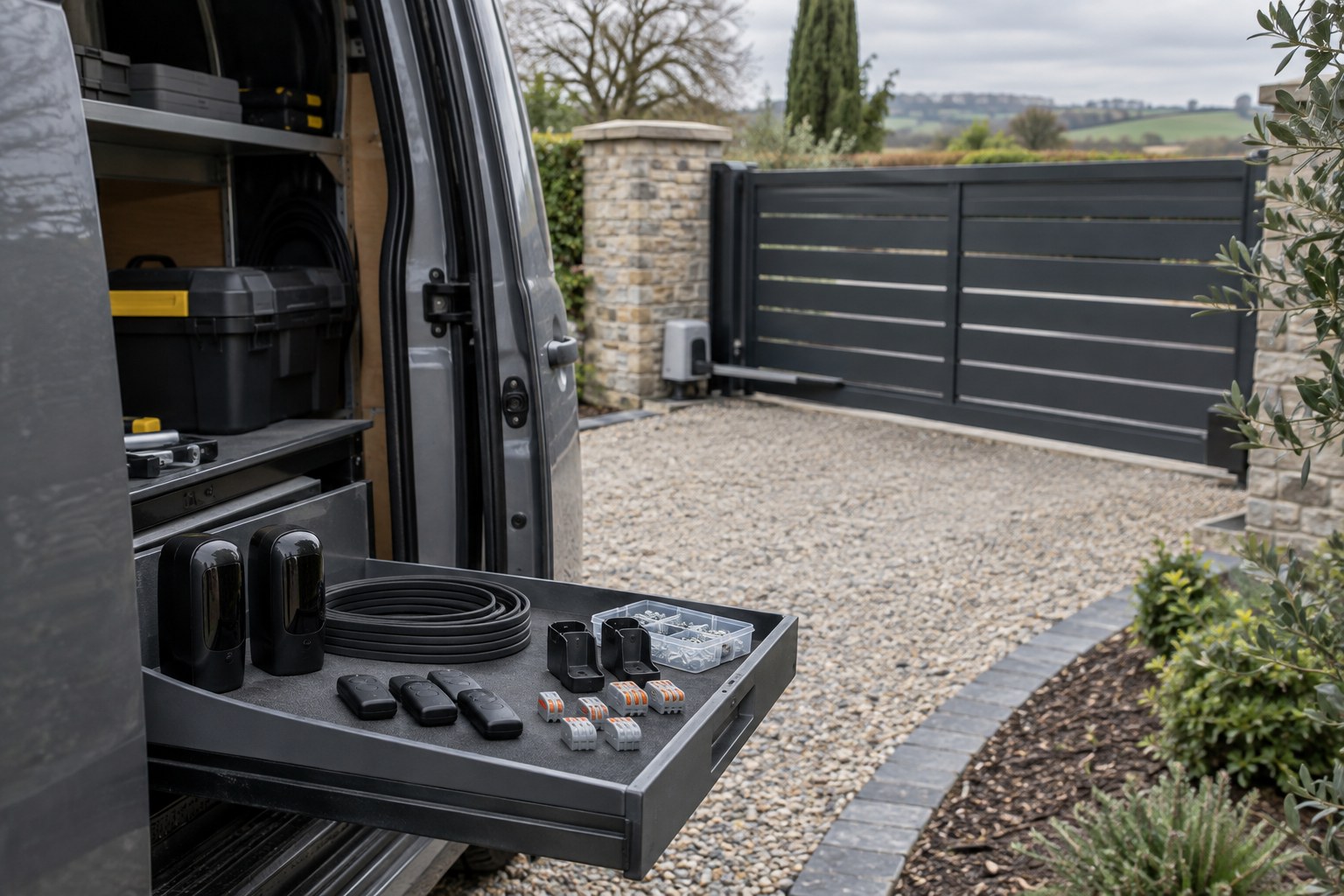 A tray of unbranded gate spares sits beside an open van door.