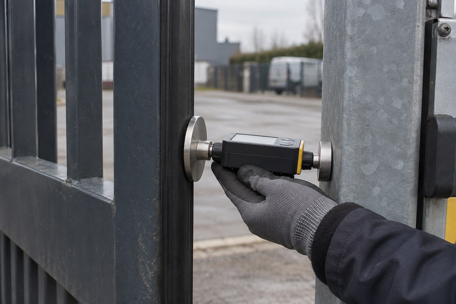 A gloved hand supports a force gauge between a closing gate edge and its stop post.