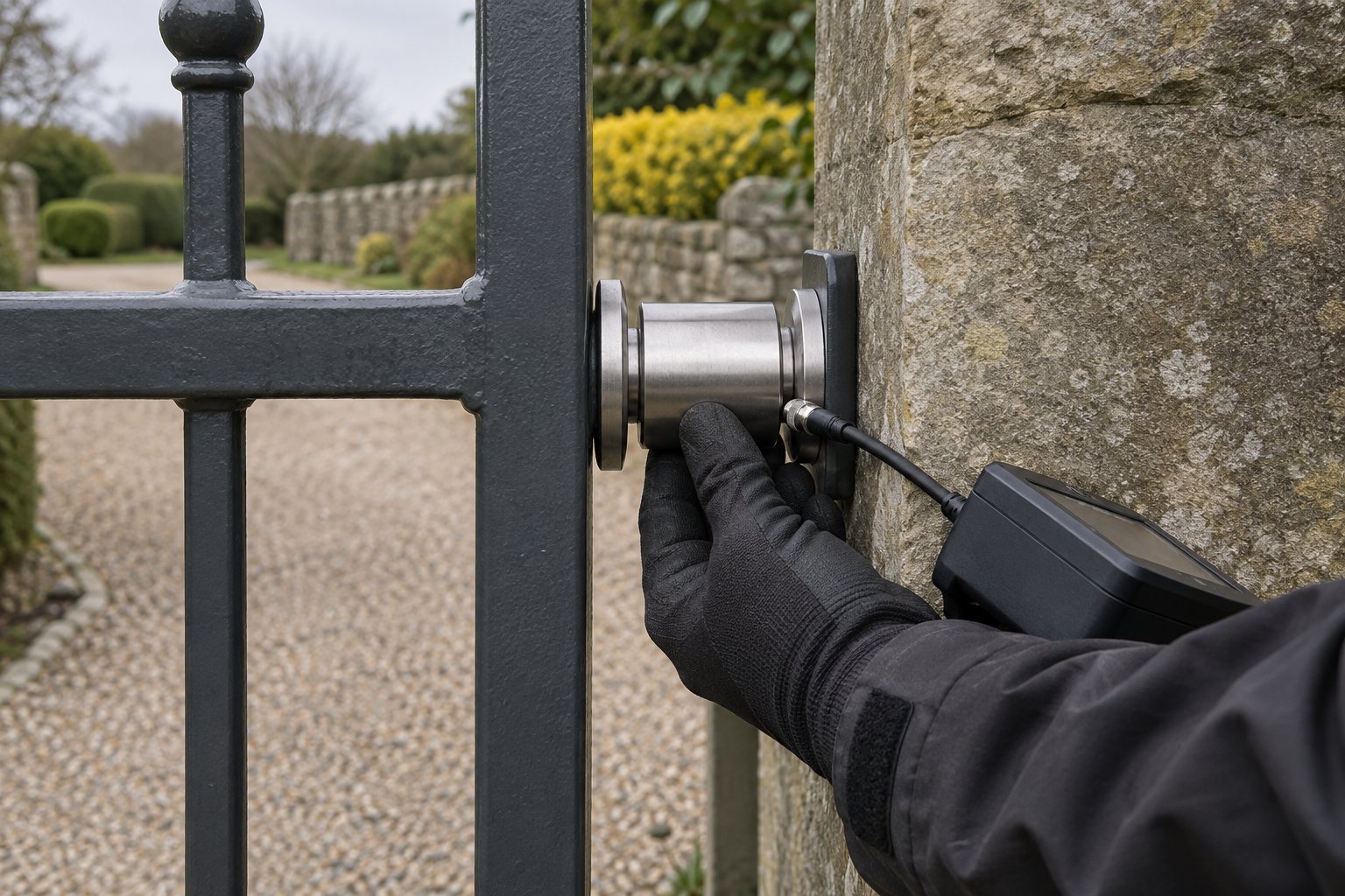 A gloved hand supports a force tester between a gate edge and its stop post.
