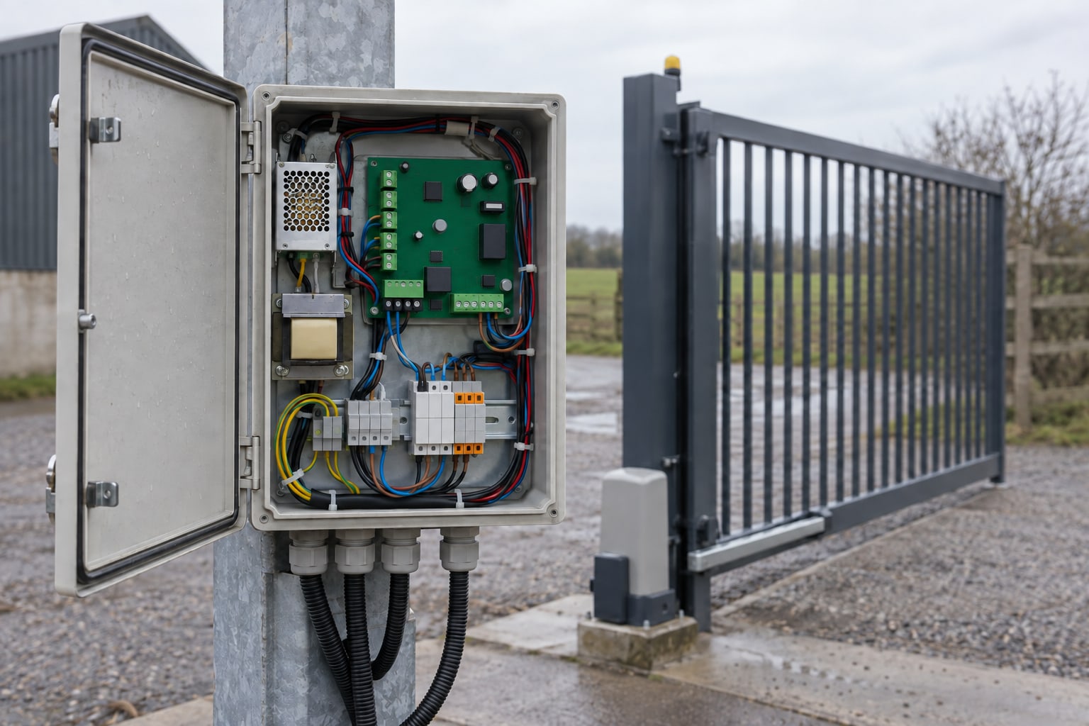 An open gate control panel on a post shows the controller board and wiring.