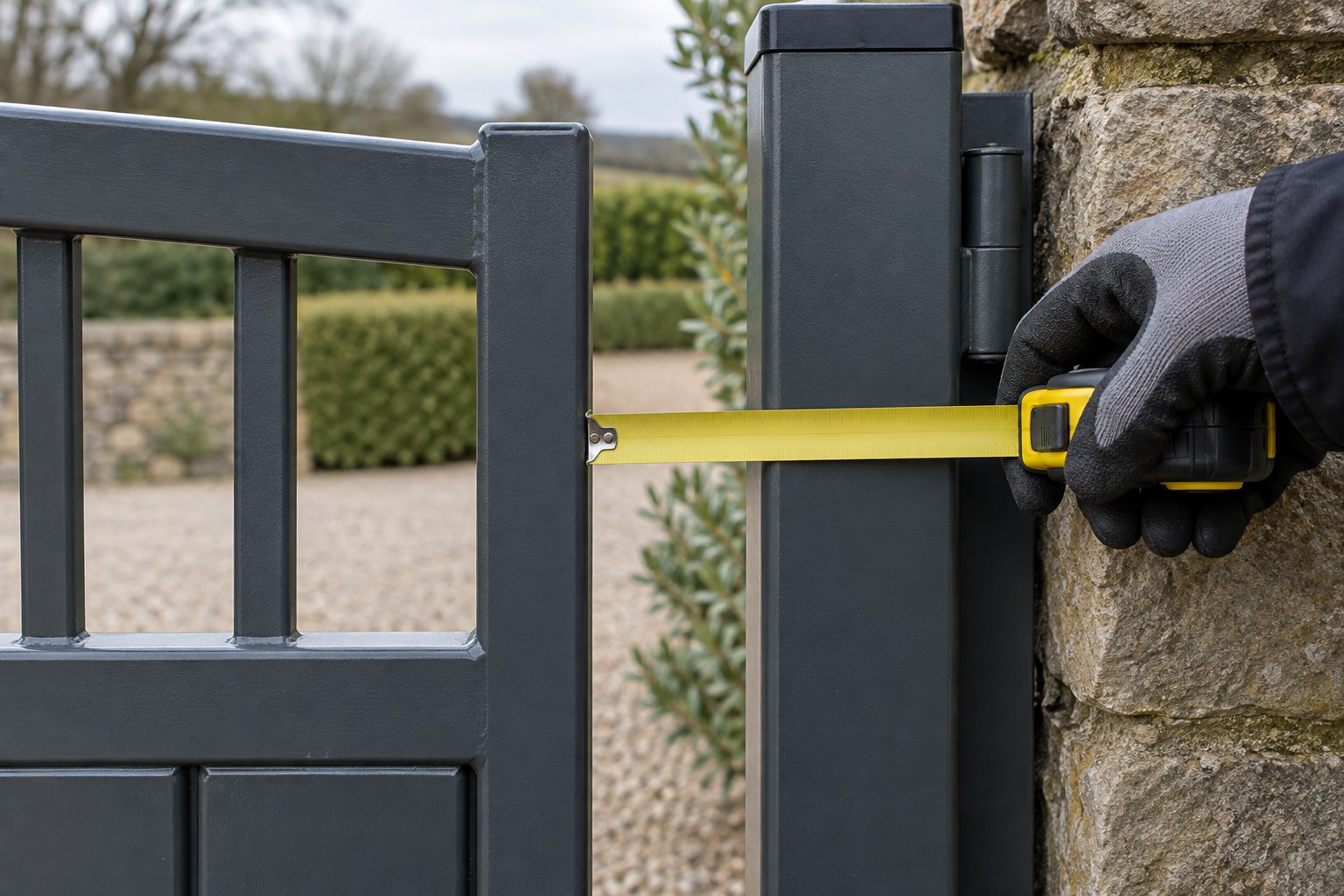 A gloved hand holds a measuring tool beside the gap between a gate and post.