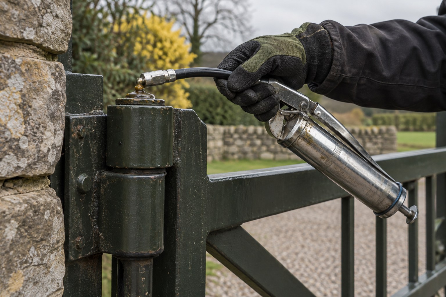 A gloved hand applies grease beside a swing gate hinge pin.