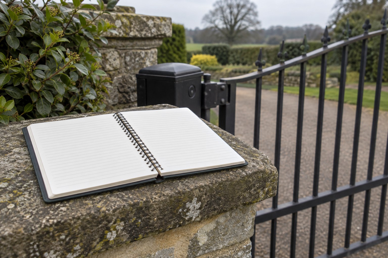 A blank ruled maintenance log lies open beside a gate post.