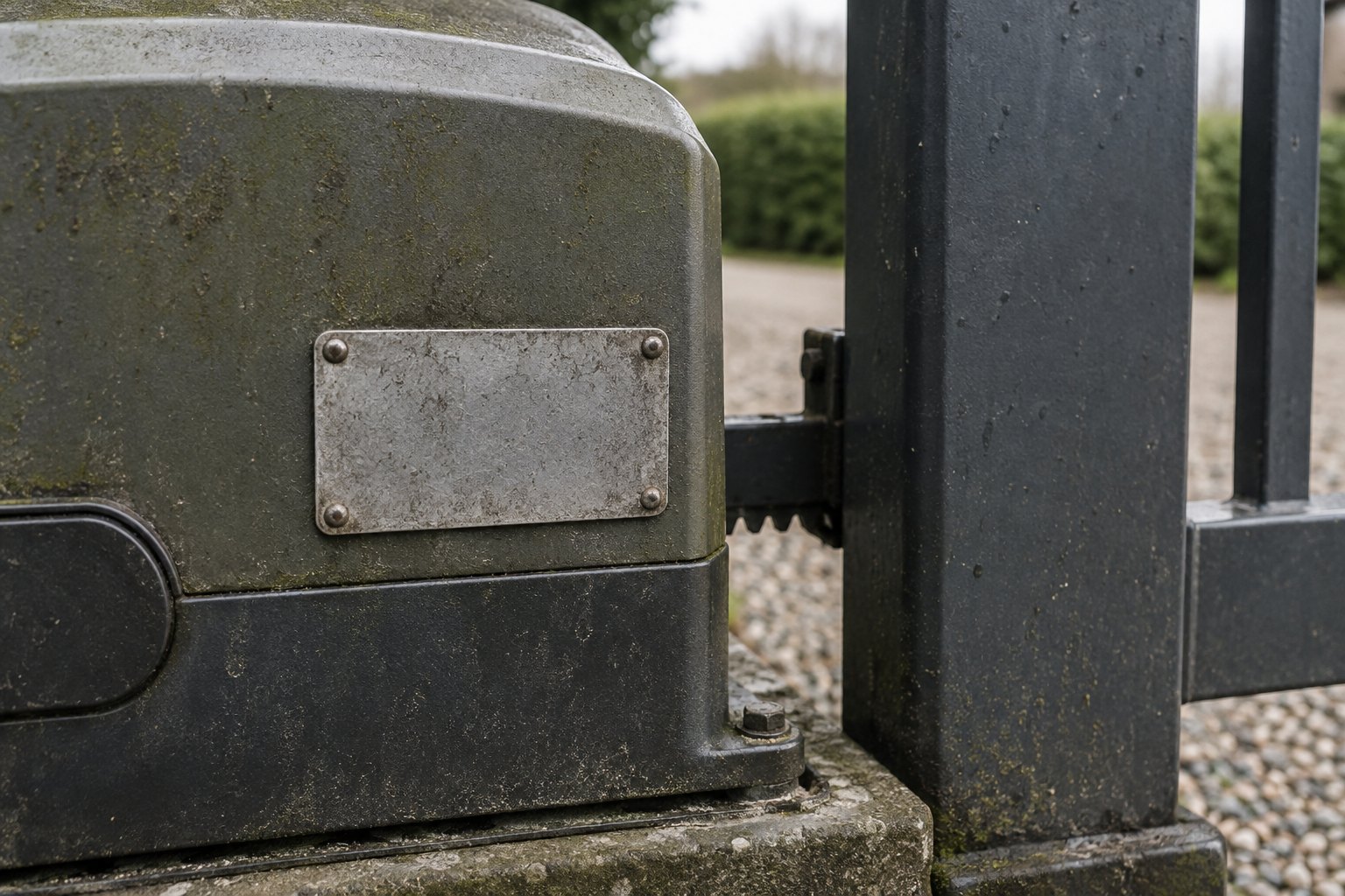 A blank identification plate is fixed beside an electric gate motor.