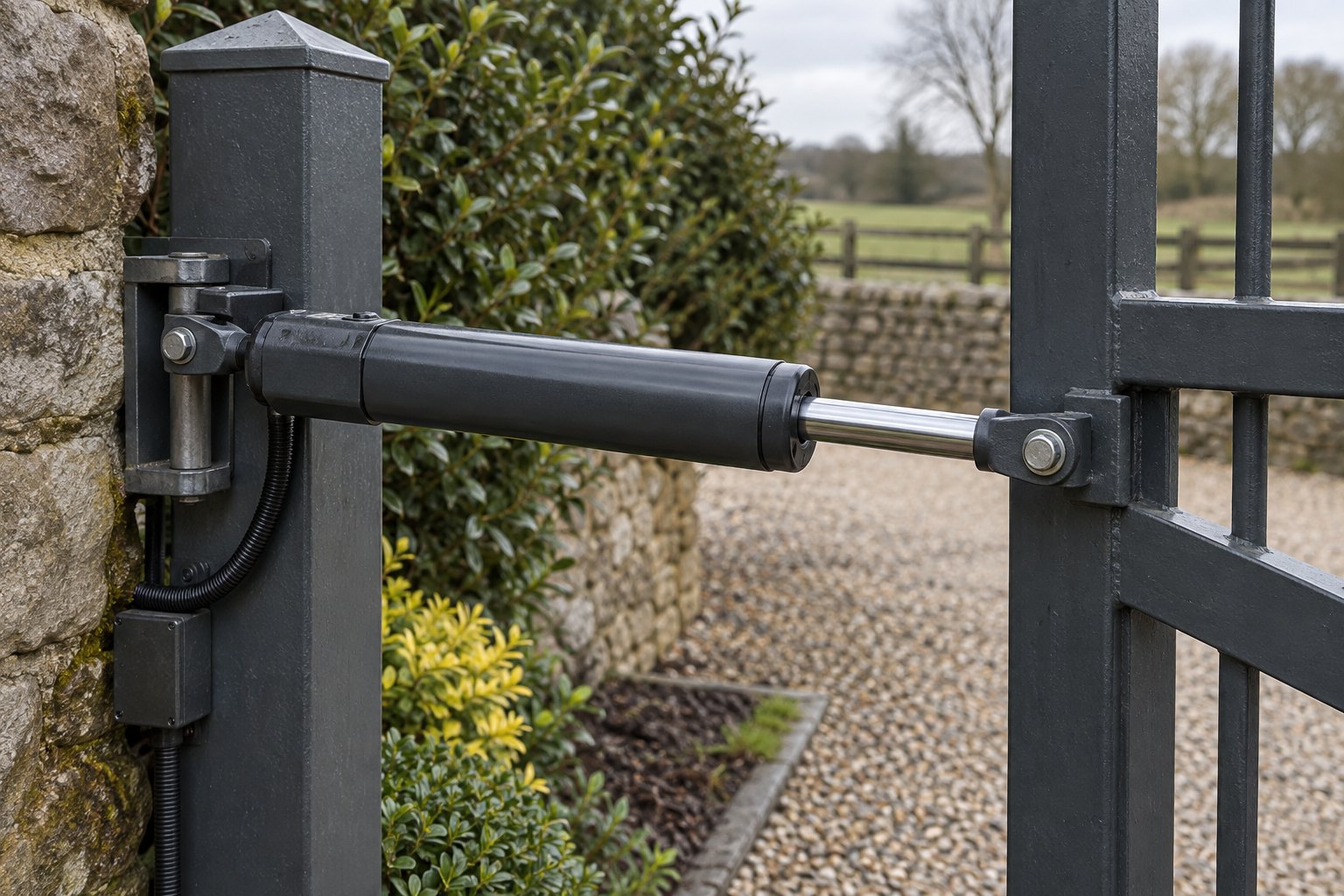 A ram actuator connects a swing gate leaf to its support post.