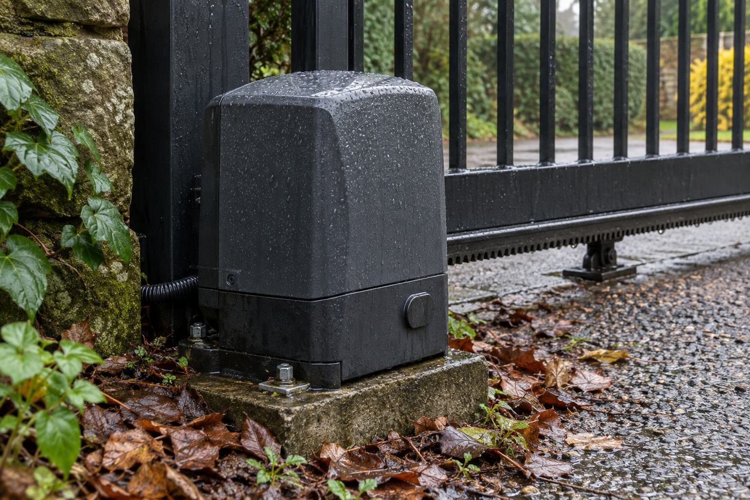 Rain beads on a gate motor housing with leaves around its base.