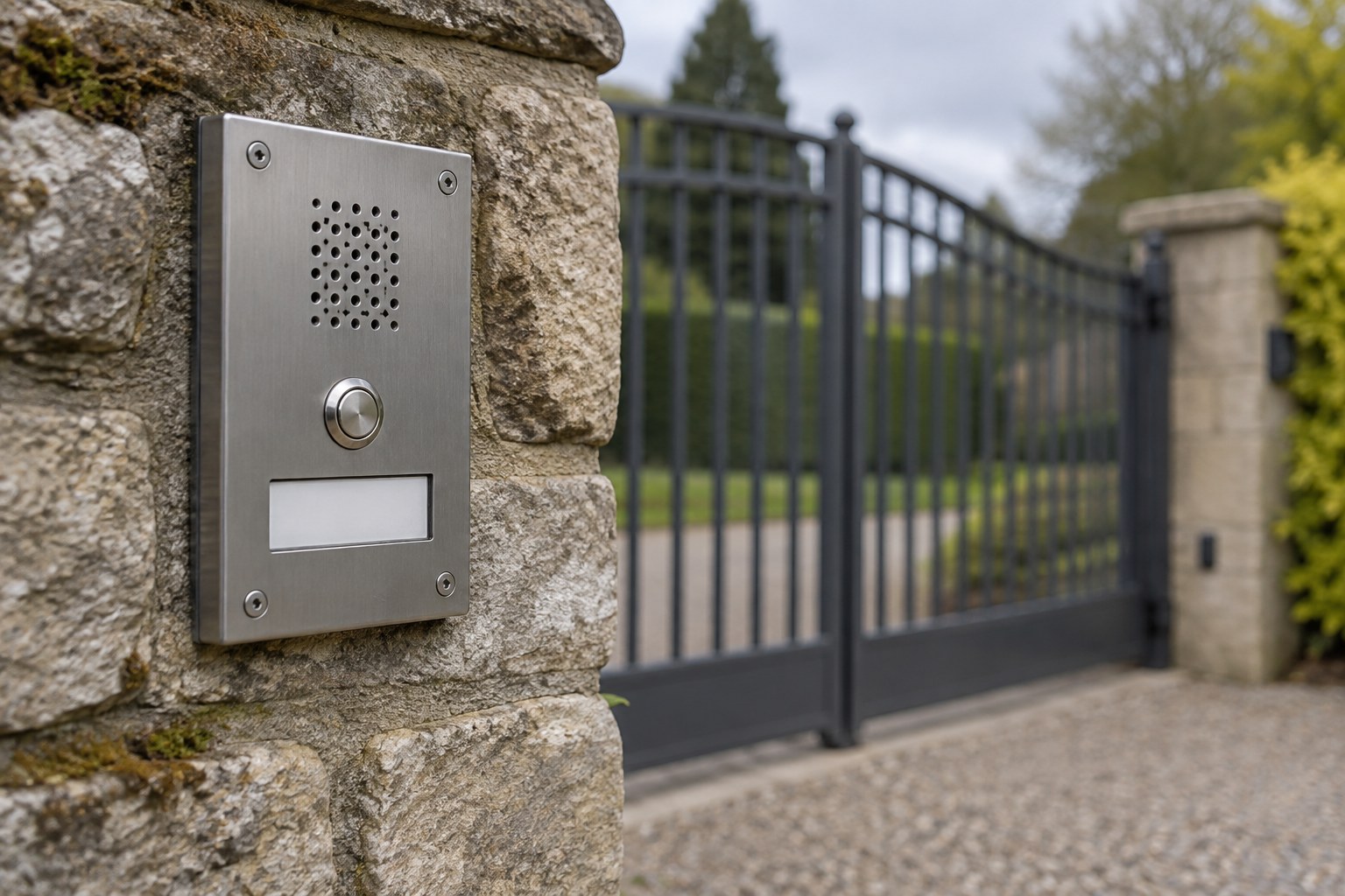 A gate intercom panel has a speaker grille, button and blank nameplate.