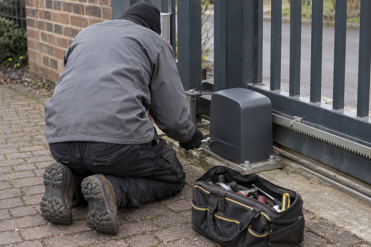 An engineer kneels beside a gate motor with an open tool bag nearby.