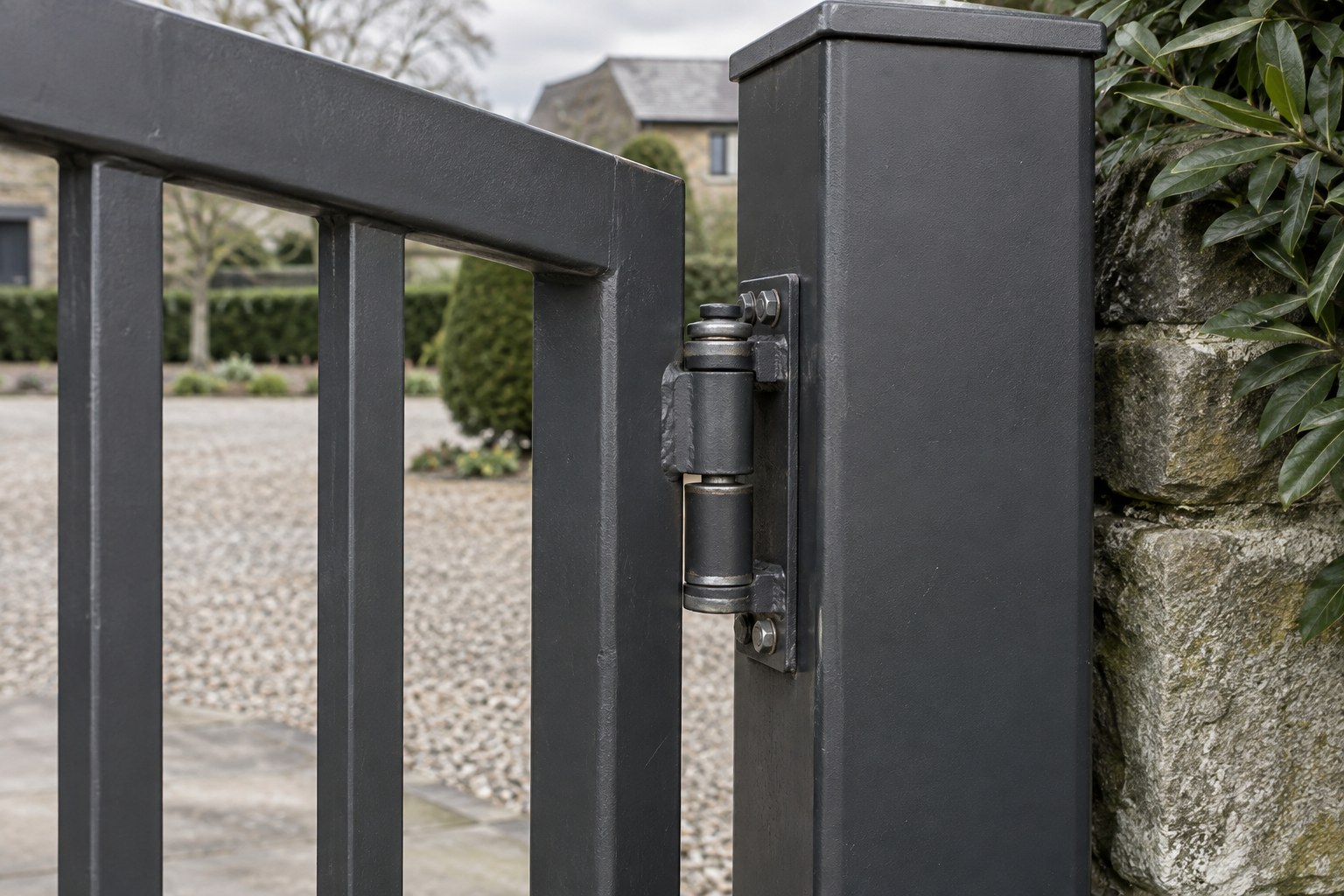 A swing gate hinge and the narrowing gap beside its post.