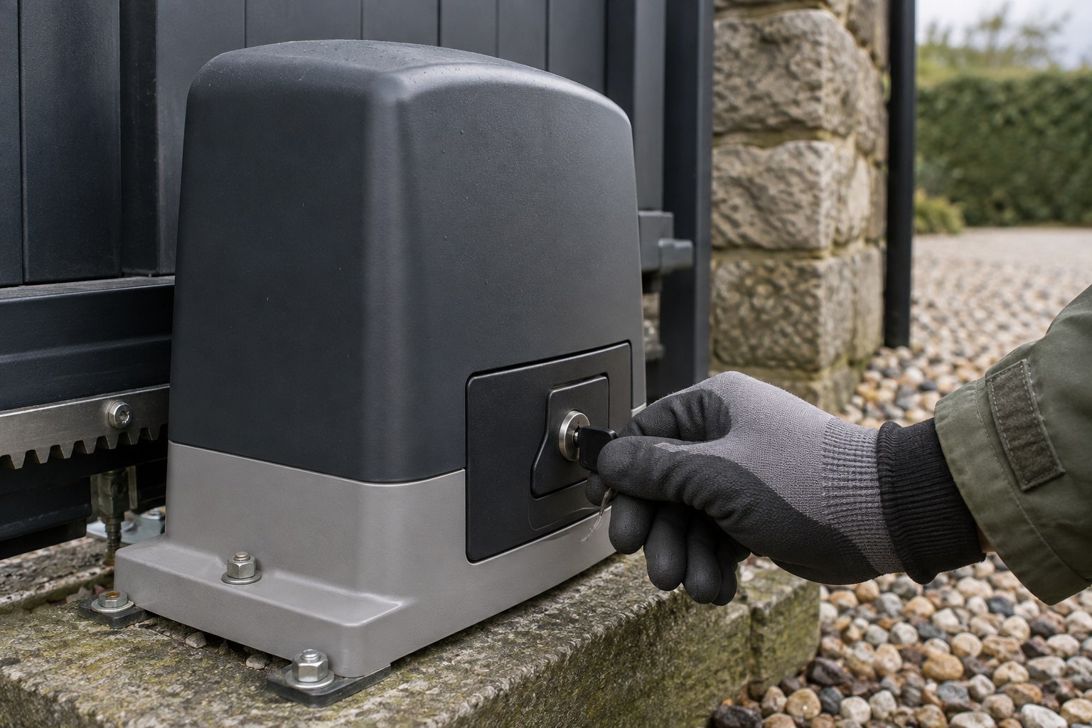 A manual release key lock sits in a gate motor housing.
