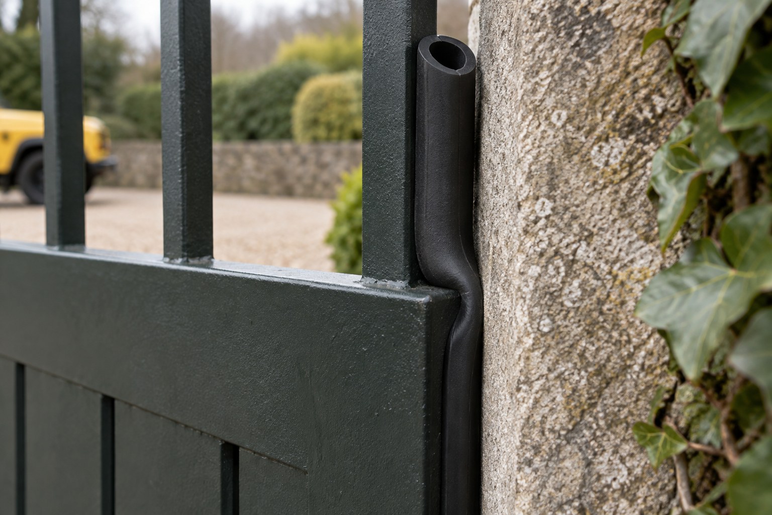 A rubber safety edge compresses against a fixed stop.