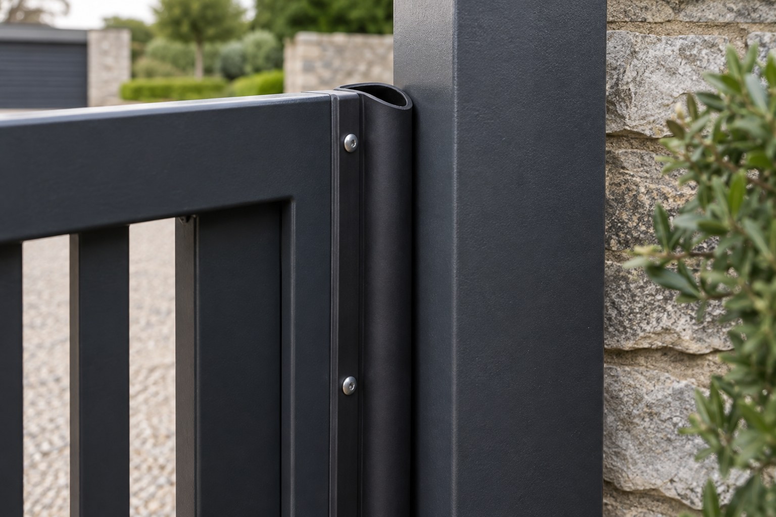 A black rubber safety edge runs along the leading edge of a metal gate.