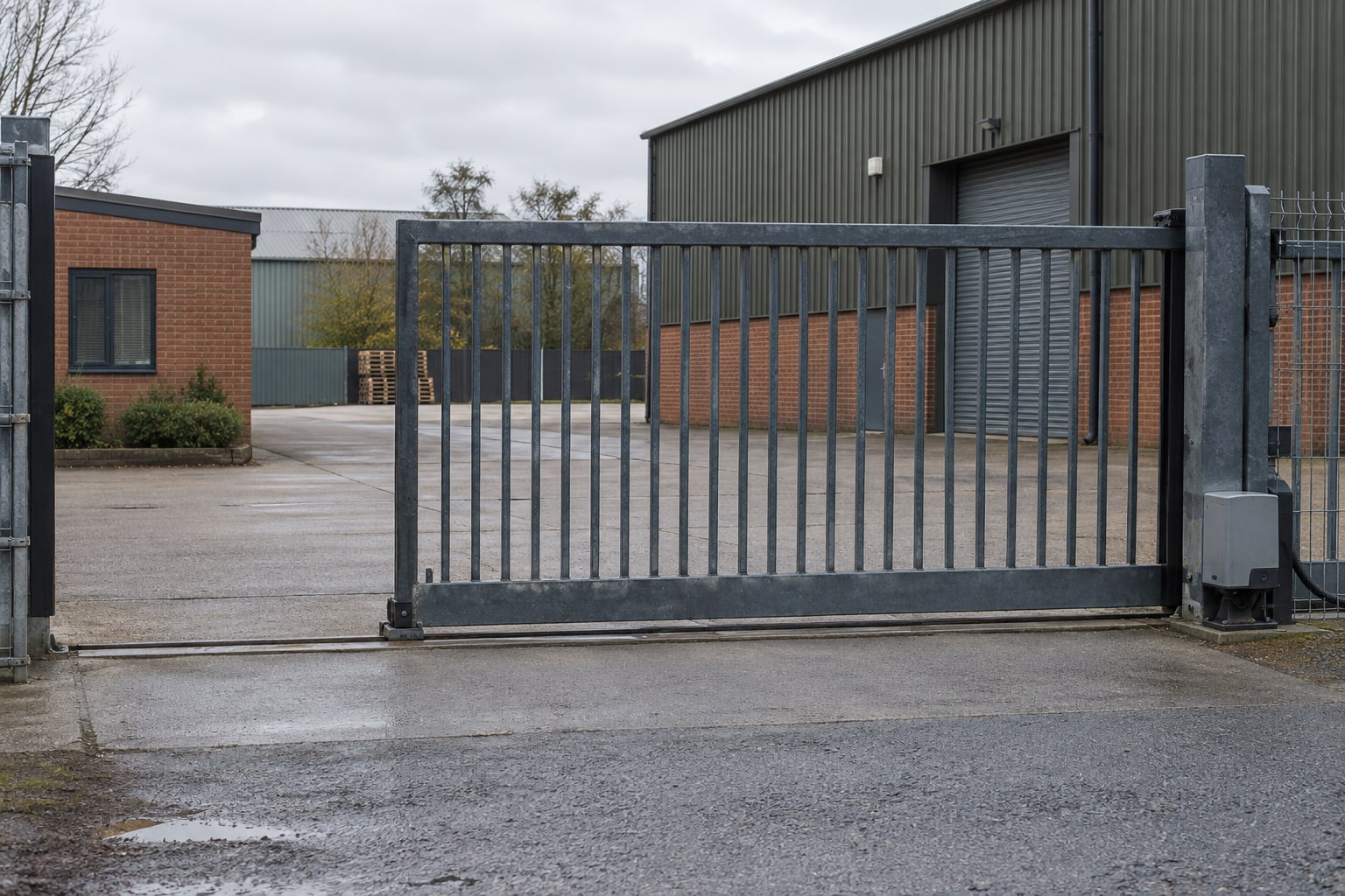An automatic sliding gate partly closes a commercial yard entrance, with its track and drive motor visible.