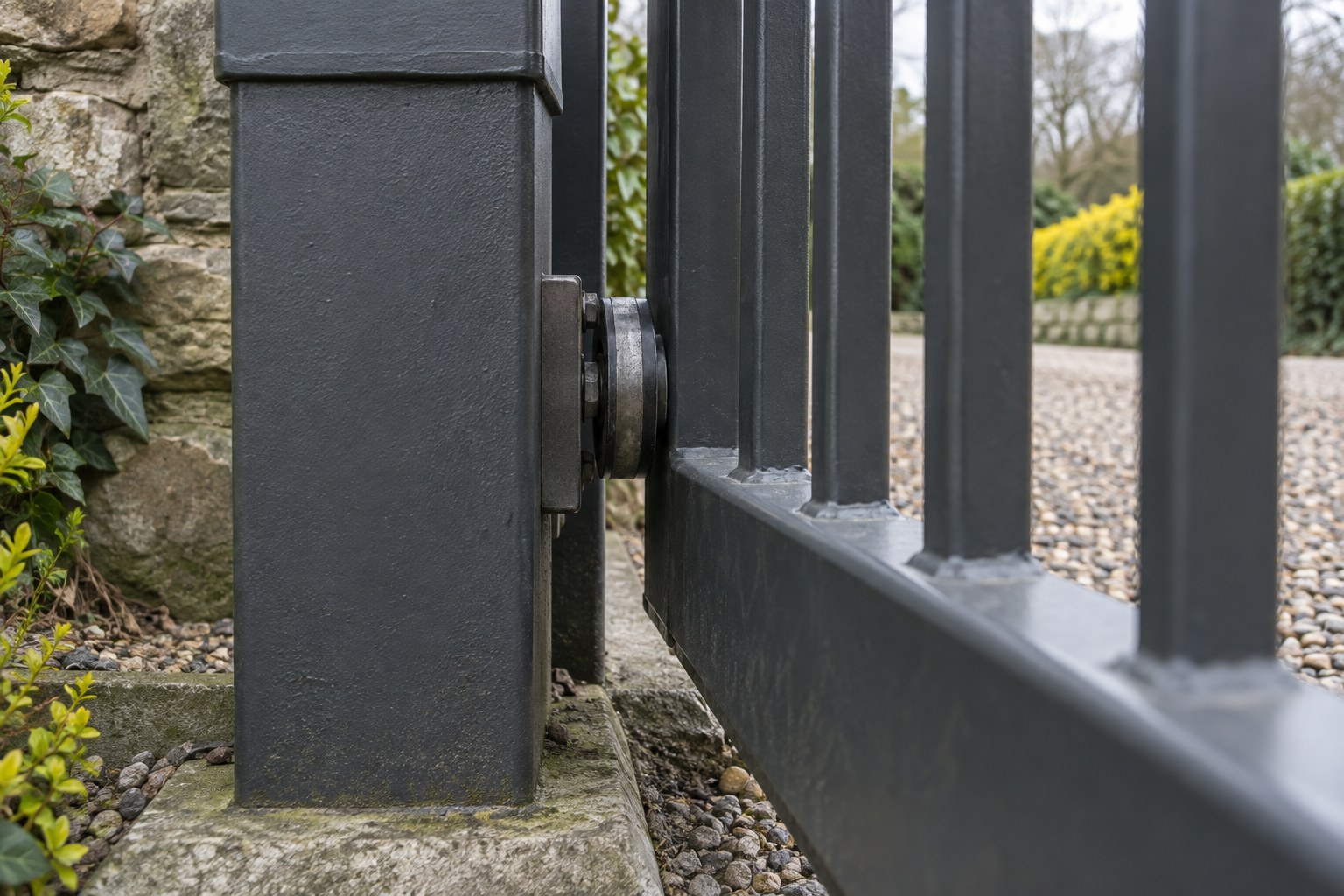 A sliding gate leaf passes close to a fixed support post.