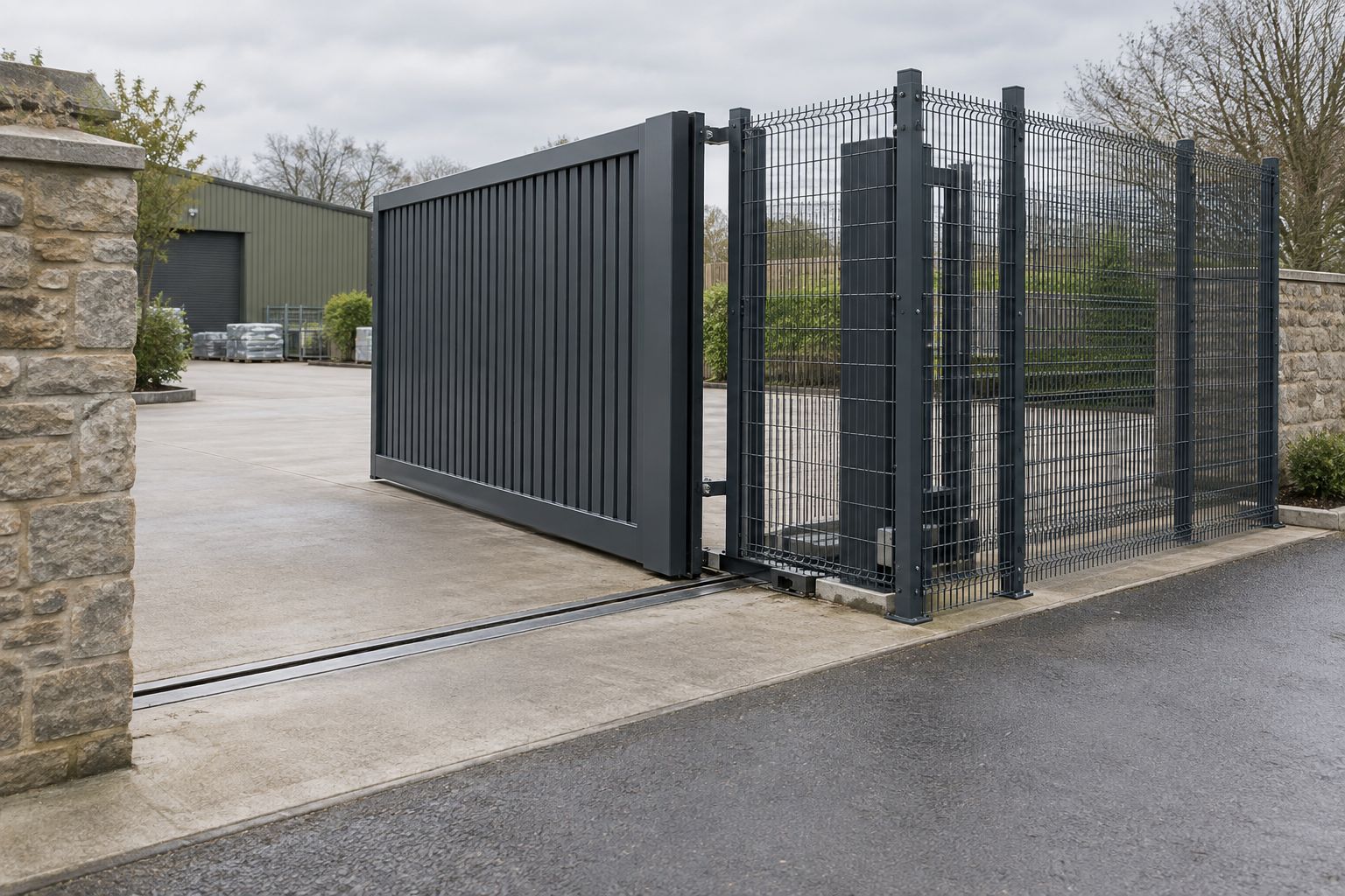 A sliding gate runs back behind fixed metal guarding.