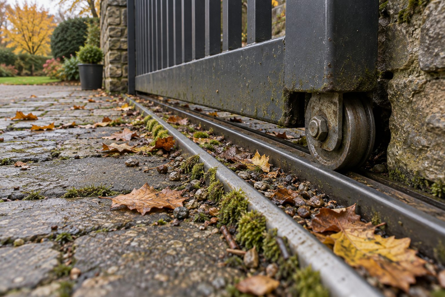 Leaves and small stones lie in the track of a sliding gate.