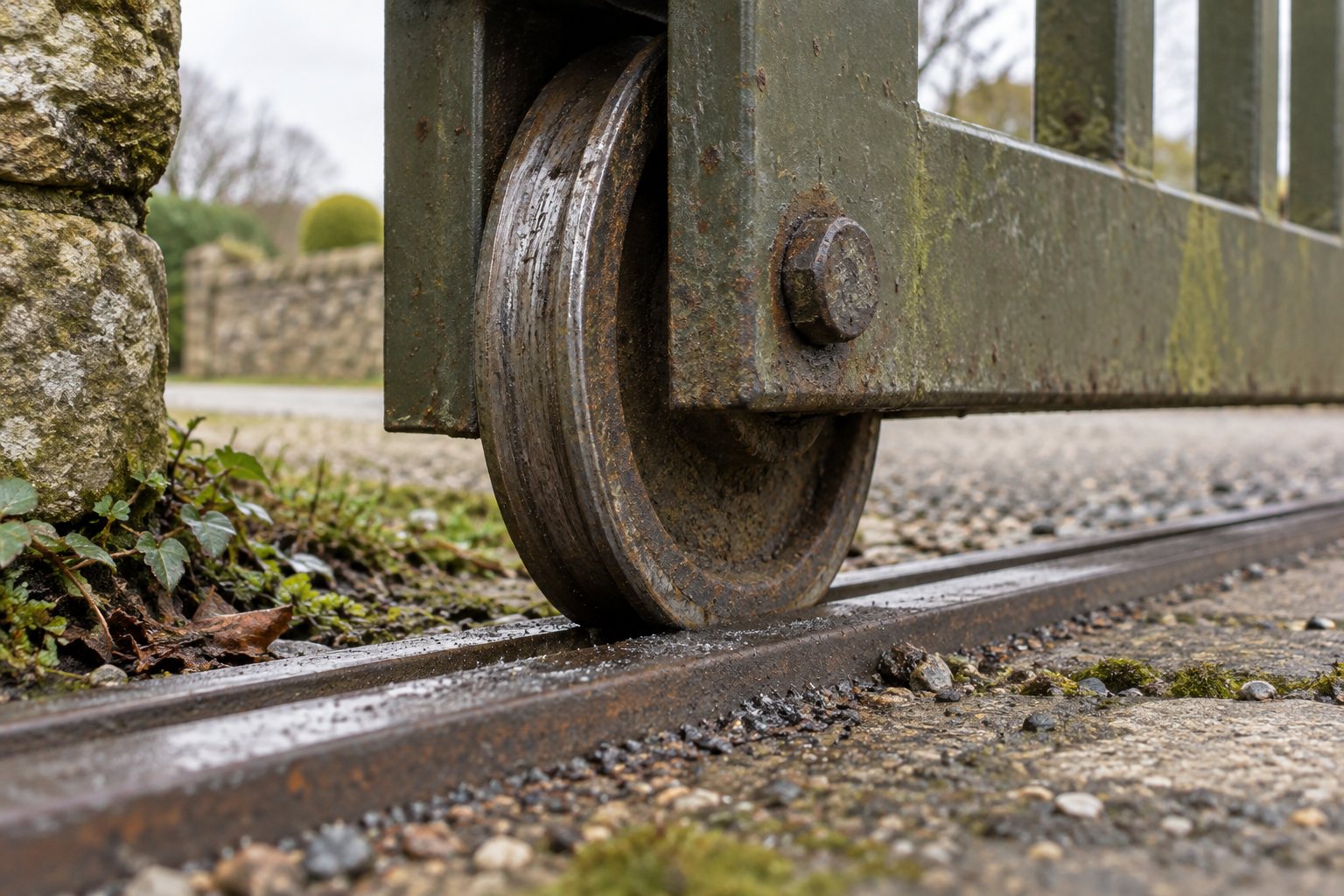 A worn sliding gate wheel rests on a rail with metal dust nearby.