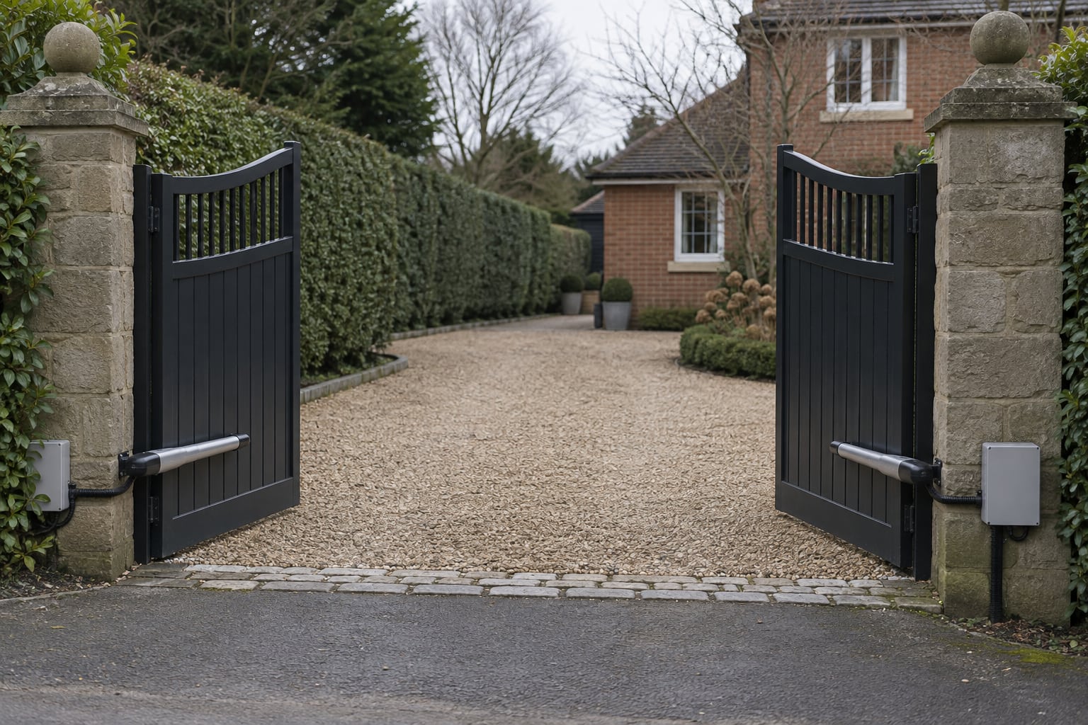 Two automatic swing gates stand open across a house driveway, with ram operators beside the hinges.