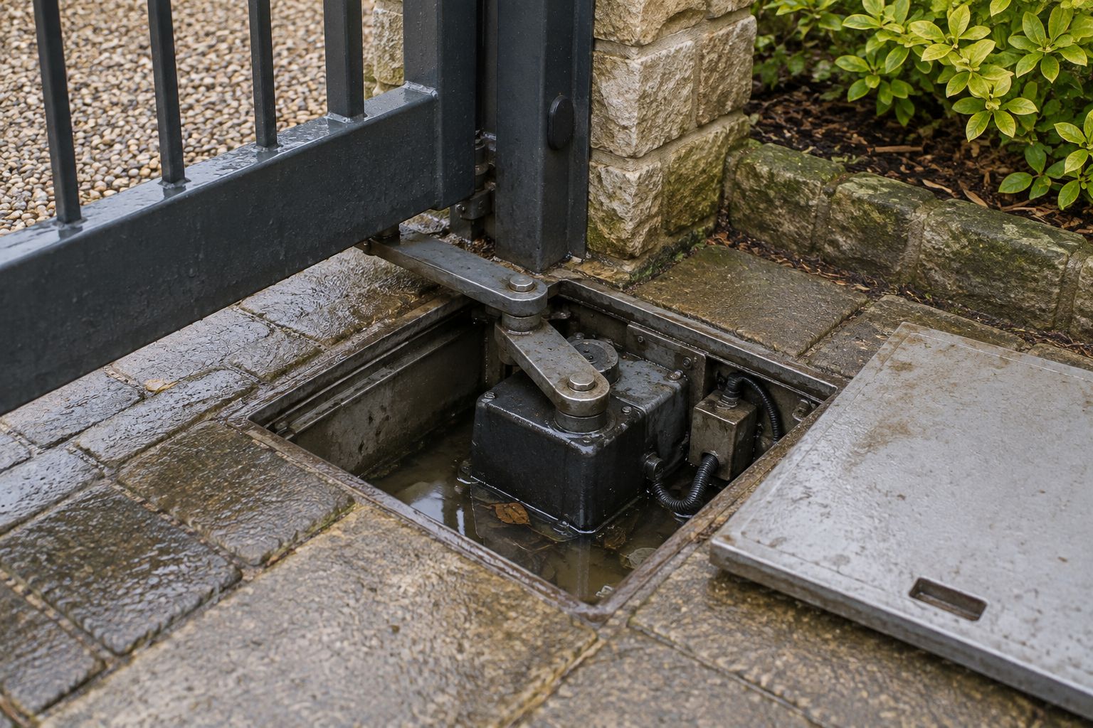 An open underground motor pit contains standing water.