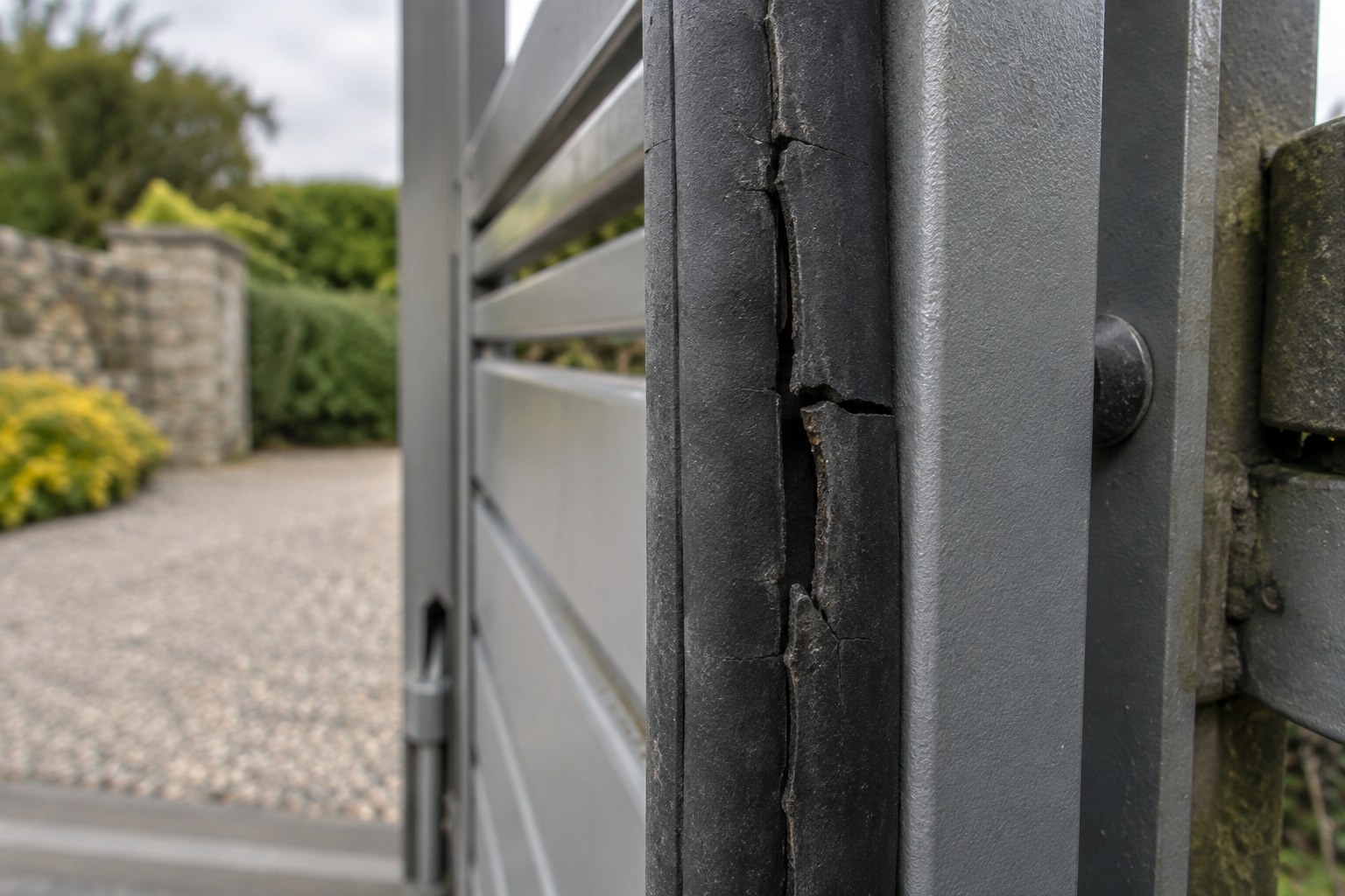 A split in a worn rubber gate safety edge exposes its inner section.